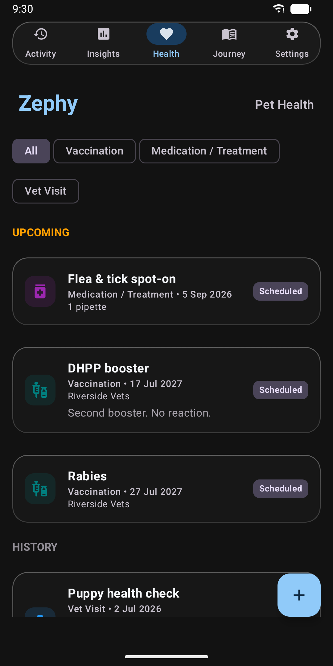 Health screen listing vaccinations, medication and vet visits with due-date status.